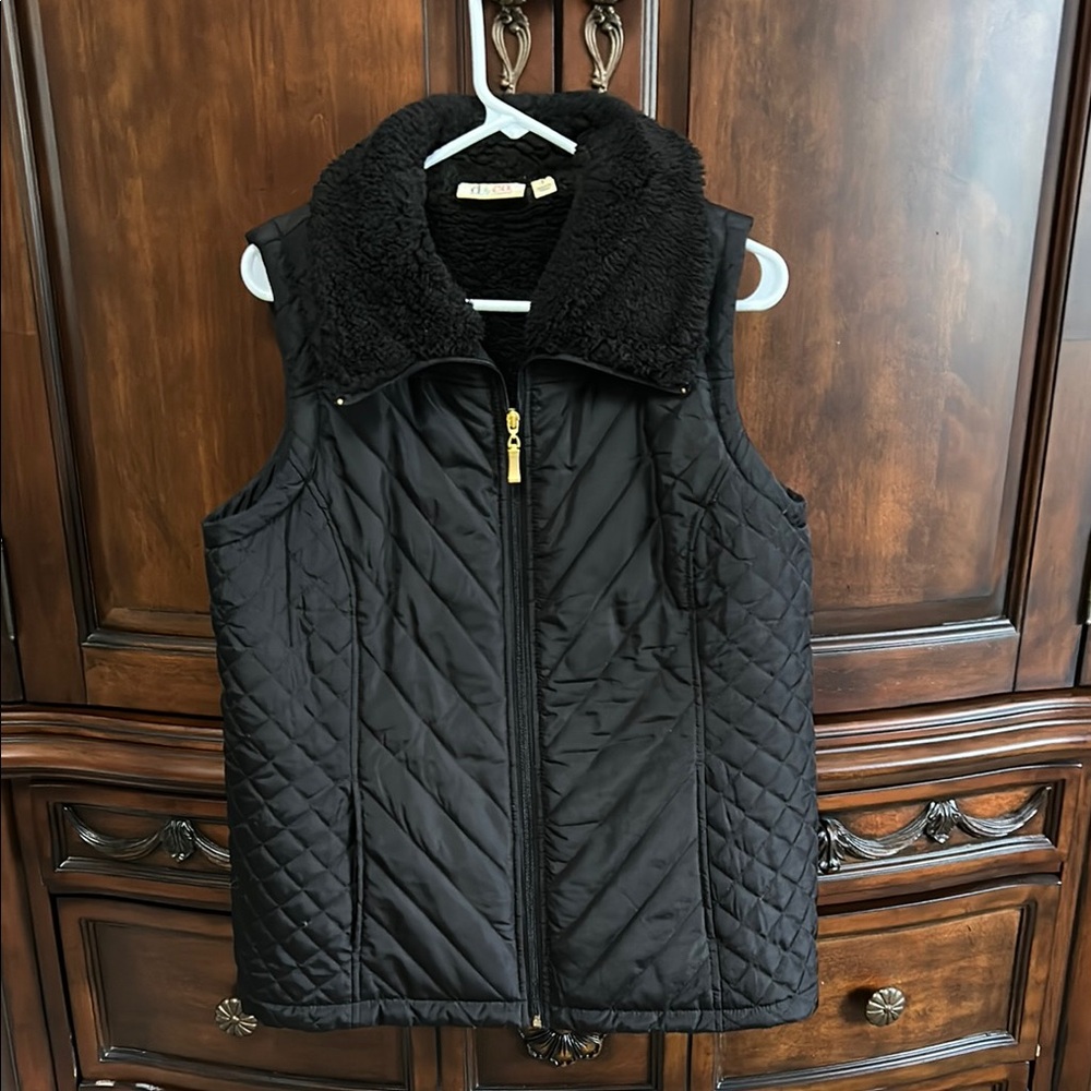 Black Quilted Vest with Faux Fur Collar